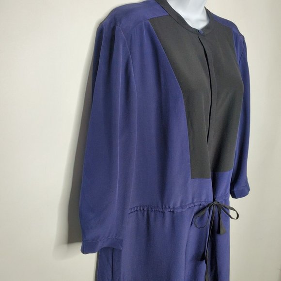 Fossil Womens 100% Silk Colorblock Dress Size L Drawstring Waist Round Neck Blue - Picture 2 of 9